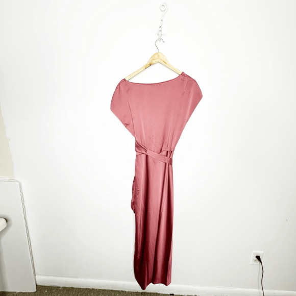 BHLDN Louisa Satin Charmeuse Midi Dress In Pink Satin Wrap bridesmaid US 6 - Picture 5 of 7